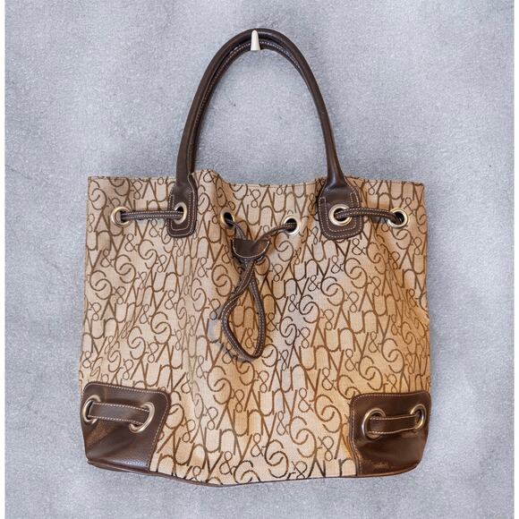 Vintage Y2K New York & Company Canvas Monogram Faux Leather Drawstring Tote - Picture 3 of 7